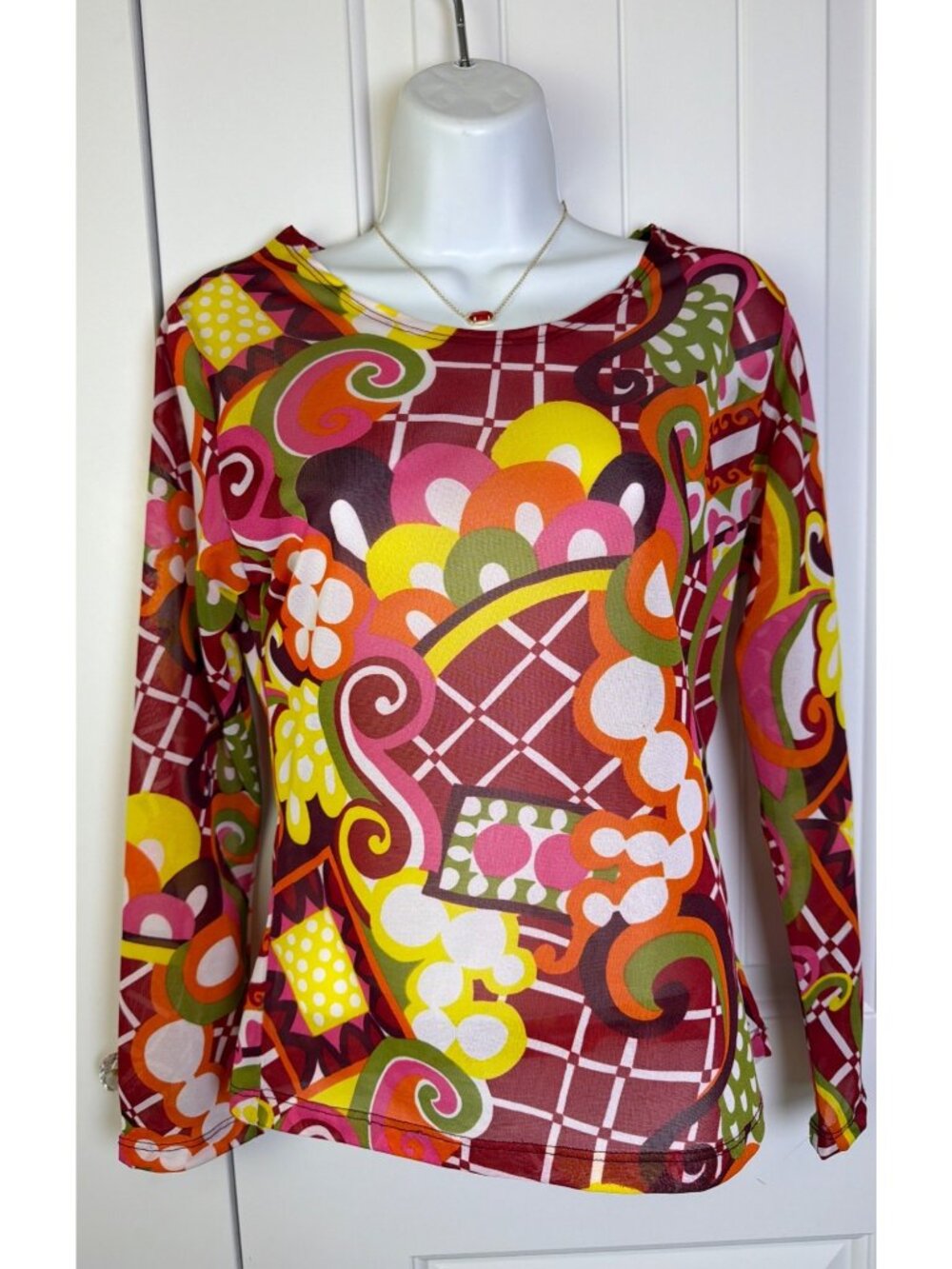 Miss H Long Sleeve Top Multicolor Floral Psychedelic Print, Medium